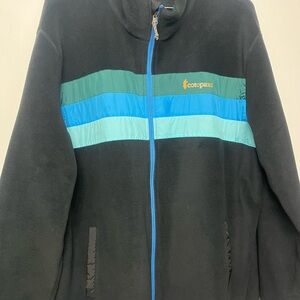 Cotopaxi Men's Black Jacket with Blue and Green Stripes
